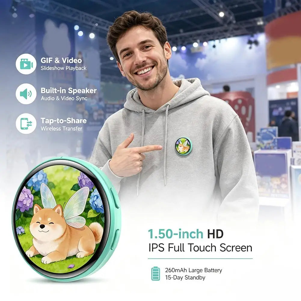 Lumipin 1.5 inch touch screen pin worn on a hoodie, with feature icons