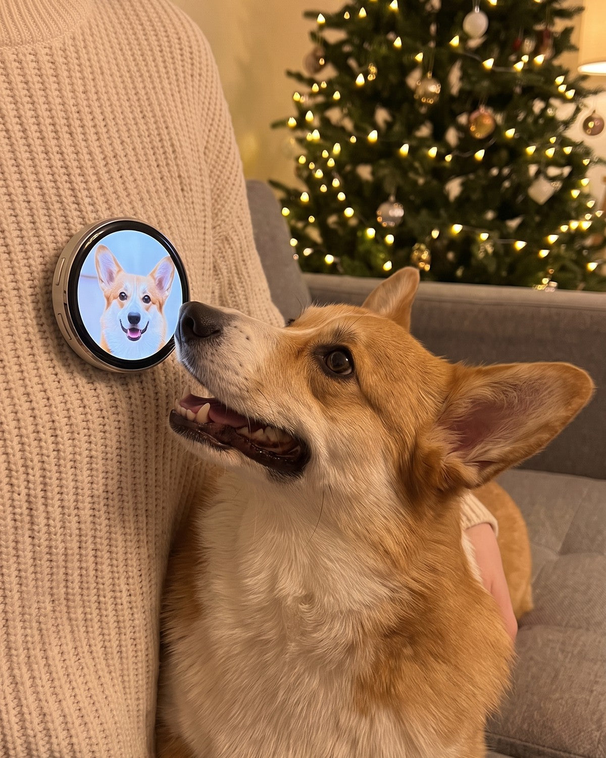 Happy corgi next to the Lumipin showing its photo