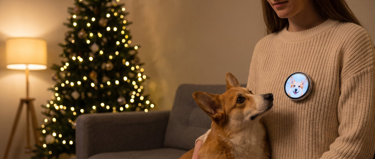 Corgi looking at its own face on a Lumipin photo pin worn on a cream sweater, Christmas tree behind